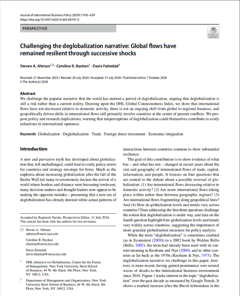 Challenging the deglobalization narrative A screenshot of the journal article entitled "Challenging the deglobalization narrative: Global flows have remained resilient through successive shocks"